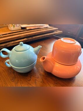 Vintage Ceramic Old Amsterdam Teapot Set of 2- Blue and Pink Tea Gender Reveal
